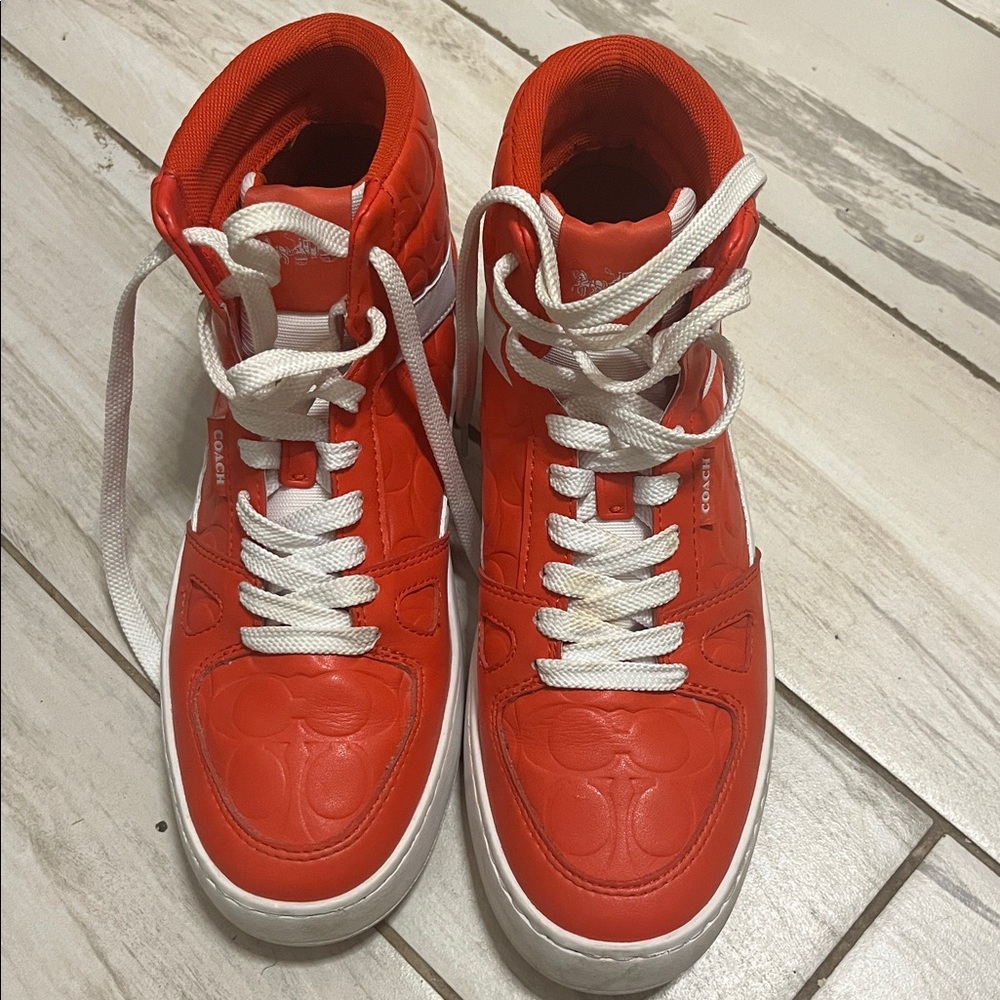 Men Coach Orange/Wht Embossed Signature High Top Sneaker